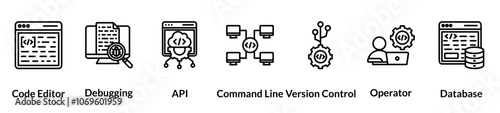 Programming line icon set. code editor, debugging, api, command line, version control, operator, database