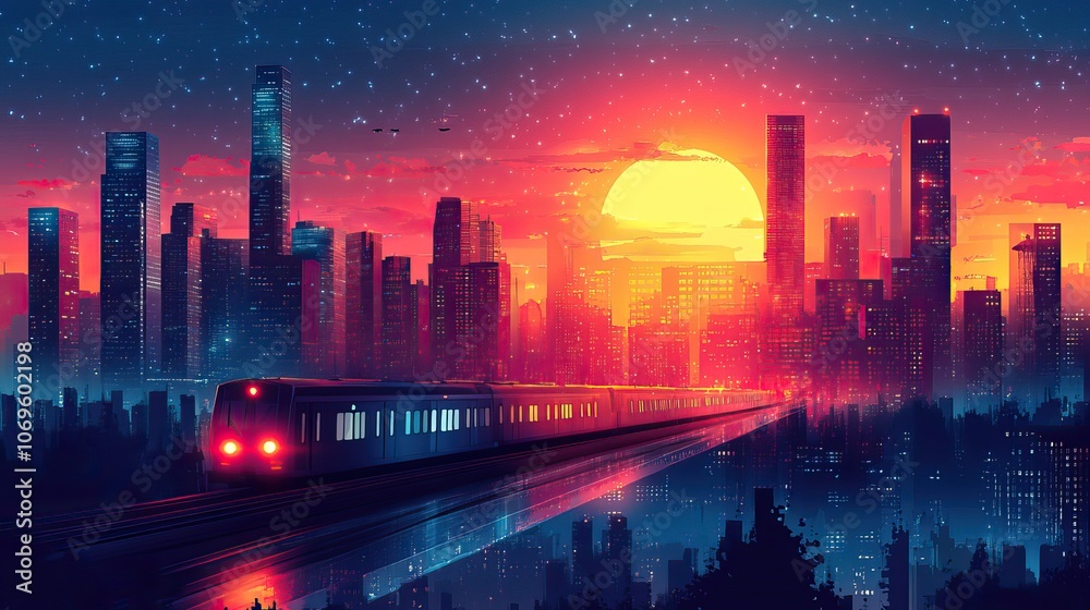 A vector design illustrates an urban scene with transportation elements, featuring highways, an airplane, a moving train, and a cityscape at night.