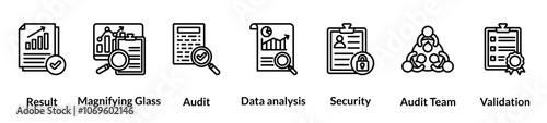 Audit line icon set. result, magnifying glass, audit, data analysis, security, audit team, validation