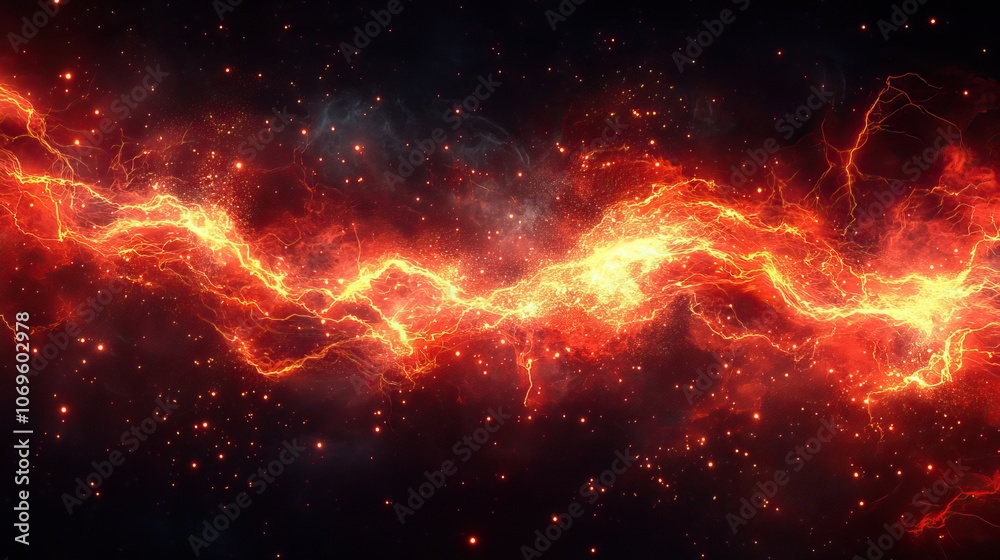 Fototapeta premium A vector illustration of electric power effects, with red thunderbolts and lightning, symbolizing magical energy, attacks, or powerful electric discharges in a dynamic black background.