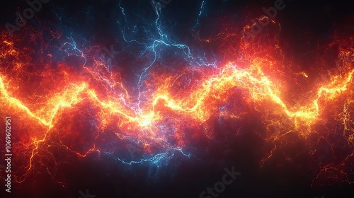 A vector illustration of electric power effects, with red thunderbolts and lightning, symbolizing magical energy, attacks, or powerful electric discharges in a dynamic black background.