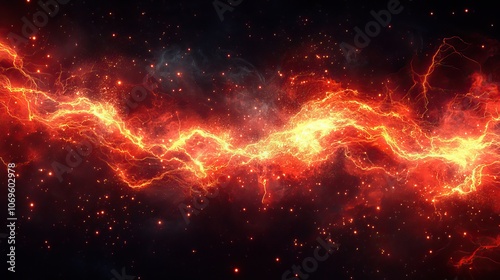 A vector illustration of electric power effects, with red thunderbolts and lightning, symbolizing magical energy, attacks, or powerful electric discharges in a dynamic black background.