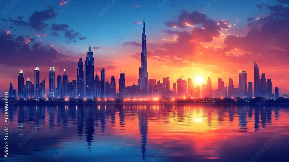 Obraz premium A vector illustration of the Dubai cityscape, showing skyscrapers and iconic landmarks.