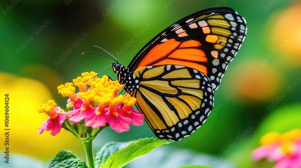 Colorful Butterfly on Vibrant Flower in Garden Colorful Butterfly on Vibrant Flower in Garden