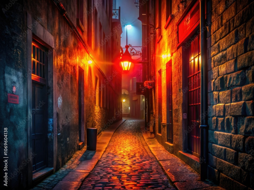 Fototapeta premium Aerial View of a Mysterious Alleyway with Glowing Red Sign Evoking Urban Superstitions and Unease