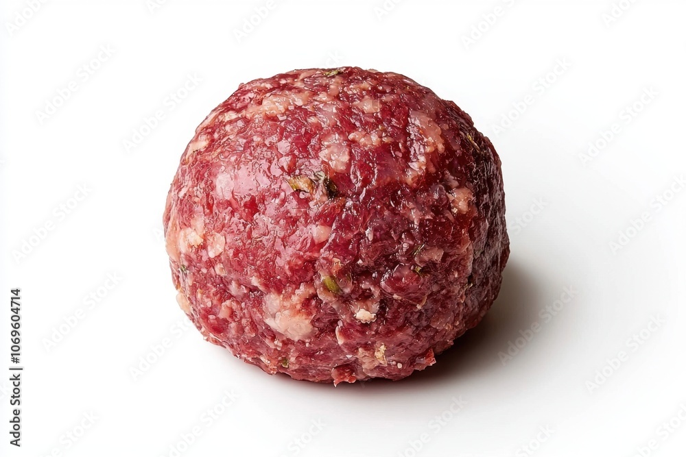 A single, raw, round meatball on a white background. A single, raw, round meatball on a white background.