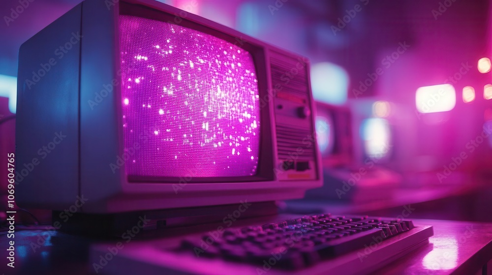 retro 80s wave style background displayed on an old computer screen, showcasing vibrant purple hues and nostalgic vhs noise, capturing a vintage aesthetic retro 80s wave style background displayed on an old computer screen, showcasing vibrant purple hues and nostalgic vhs noise, capturing a vintage aesthetic