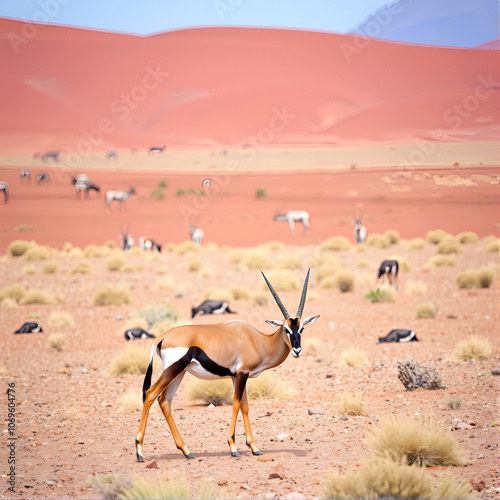 The gemsbok or gemsbuck (Oryx gazella)  in the desert. Red desert with oryx in the foreground. photo