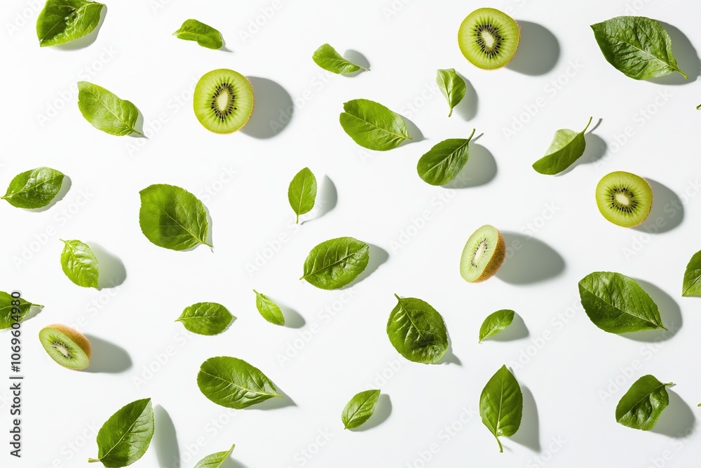 Fresh kiwi slices and leaves arranged in a pattern on a white background. Fresh kiwi slices and leaves arranged in a pattern on a white background.