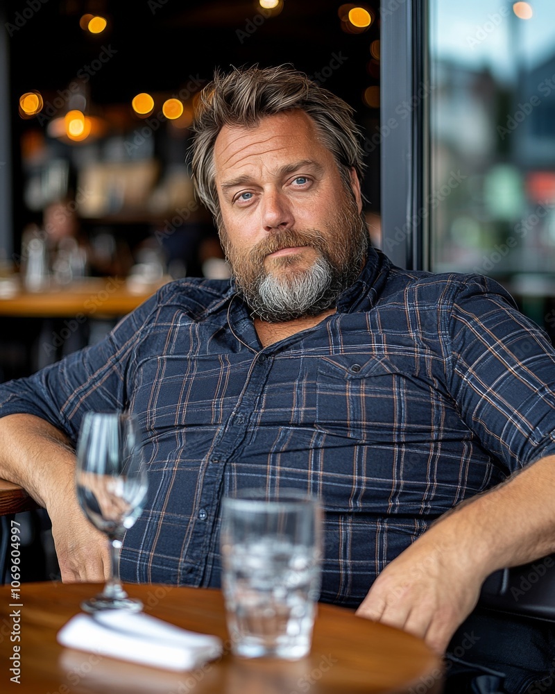 man with bloated belly, sitting in restaurant. Lifestyle, casual and relaxed moment man with bloated belly, sitting in restaurant. Lifestyle, casual and relaxed moment