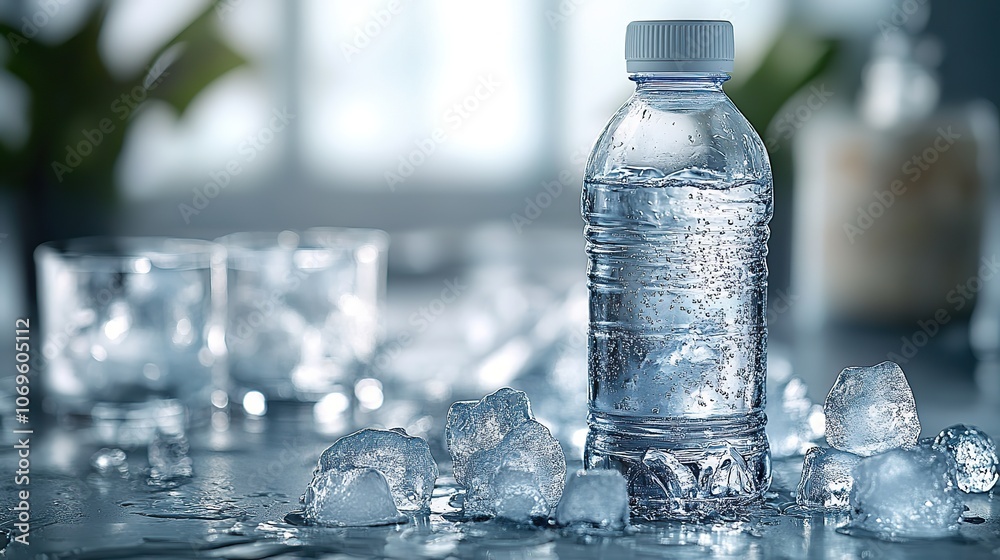 A water bottle and a glass filled with splashing water and ice are displayed against a white backdrop. A water bottle and a glass filled with splashing water and ice are displayed against a white backdrop.