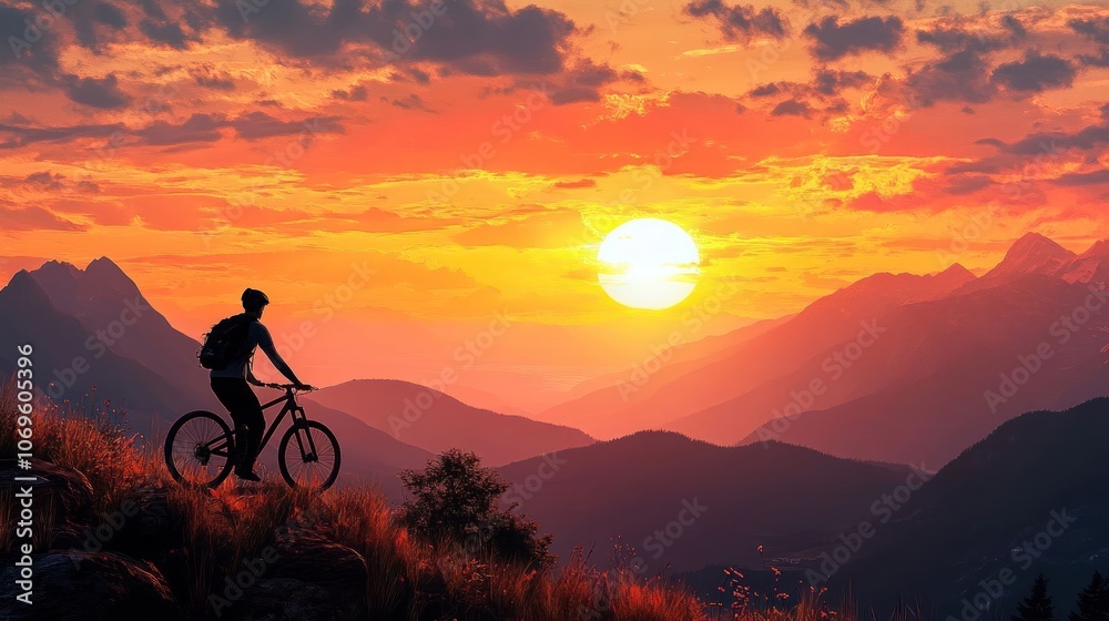 Obraz premium A cyclist enjoys a sunset view over mountains, capturing a moment of leisure and adventure.
