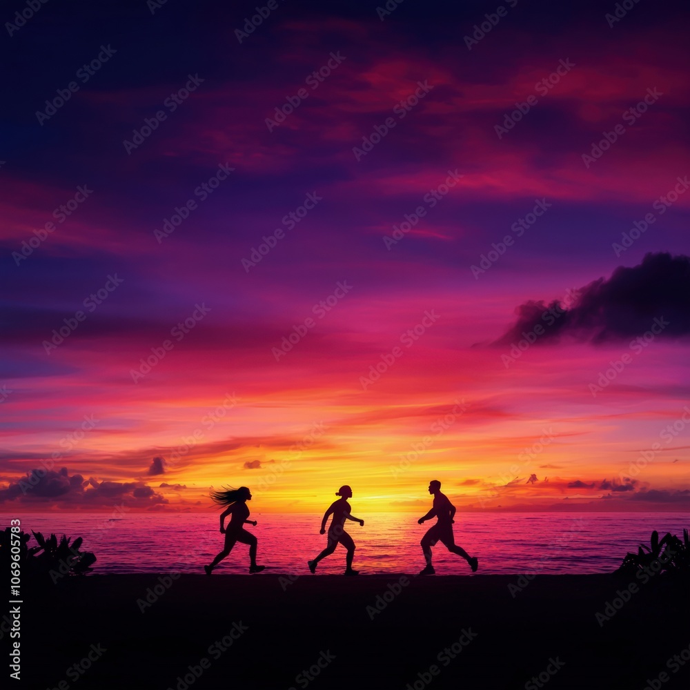 Fototapeta premium Enjoy Stunning Sunset Views While Jogging on the Beach