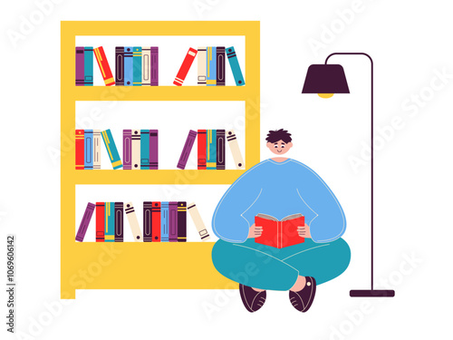 Boy enjoy reads book. Library illustrations. Flat vector illustration.