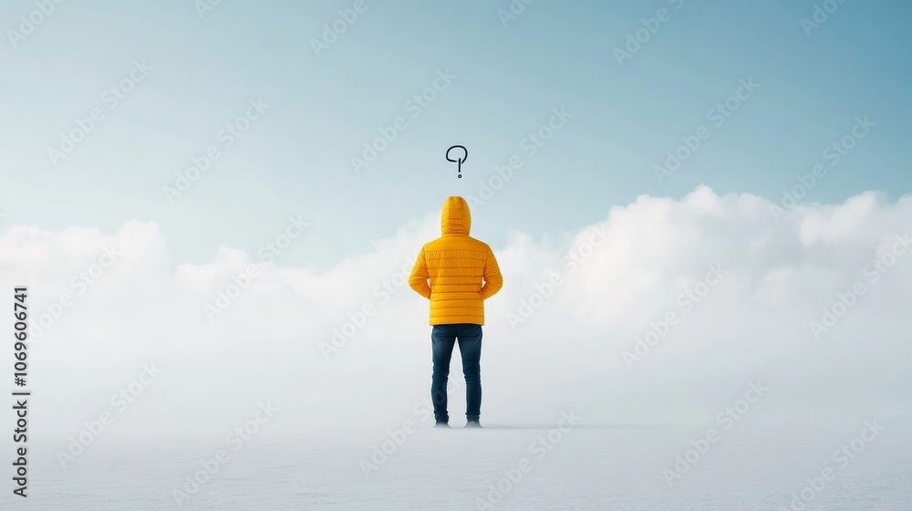 Solitary Figure in Yellow Jacket Among Clouds Solitary Figure in Yellow Jacket Among Clouds