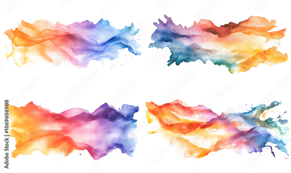 Collection of Vibrant Watercolor Splashes with Gradient Shades on white and transparent background. PNG Collection of Vibrant Watercolor Splashes with Gradient Shades on white and transparent background. PNG