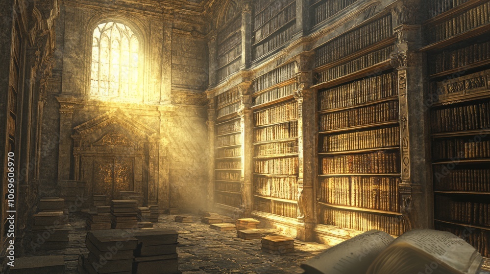 Forgotten ancient library with towering shelves filled with dusty scrolls and books, with soft golden light filtering through cracks. Forgotten ancient library with towering shelves filled with dusty scrolls and books, with soft golden light filtering through cracks.