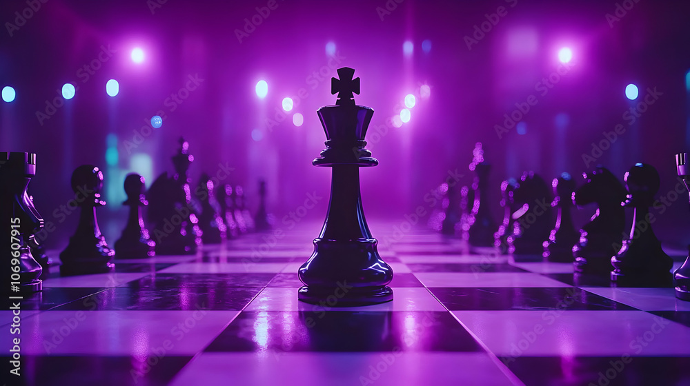 Black Chess King on Board in Neon Purple Light 3D Illustration Black Chess King on Board in Neon Purple Light 3D Illustration
