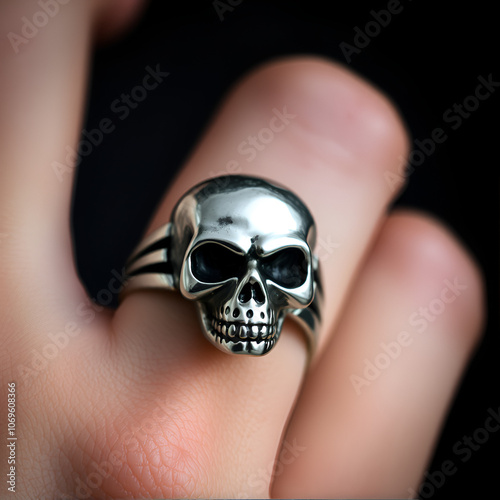 Close-up of a silver skull ring worn on a finger, highlighting the intricate details of the design. The skull's dark, hollow eye sockets add a touch of edginess and style to the accessory photo