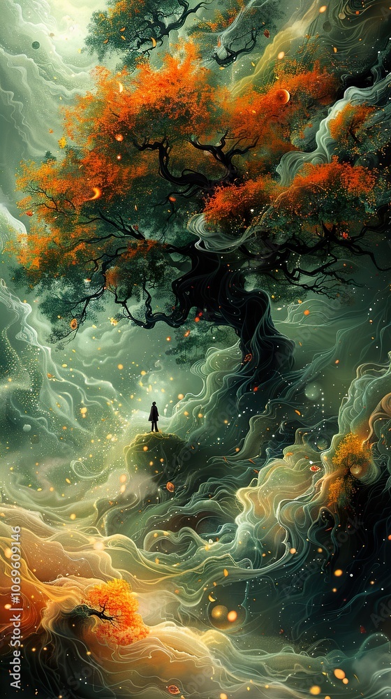 Dreamy Fantasy Landscape with Glowing Tree and Falling Leaves Dreamy Fantasy Landscape with Glowing Tree and Falling Leaves