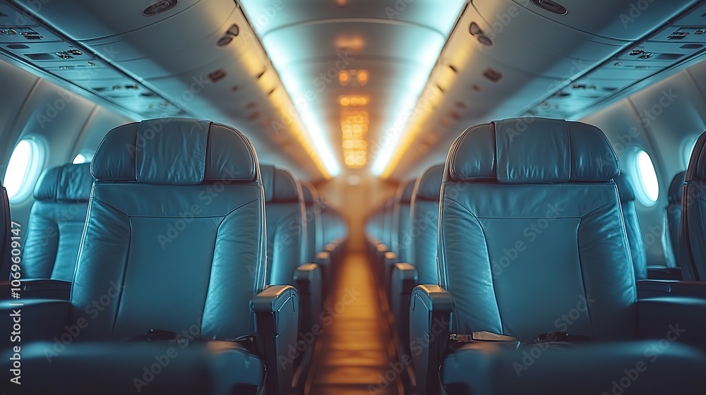 Airplane cabin interior with rows of seats organized for passenger comfort during flights. Airplane cabin interior with rows of seats organized for passenger comfort during flights.