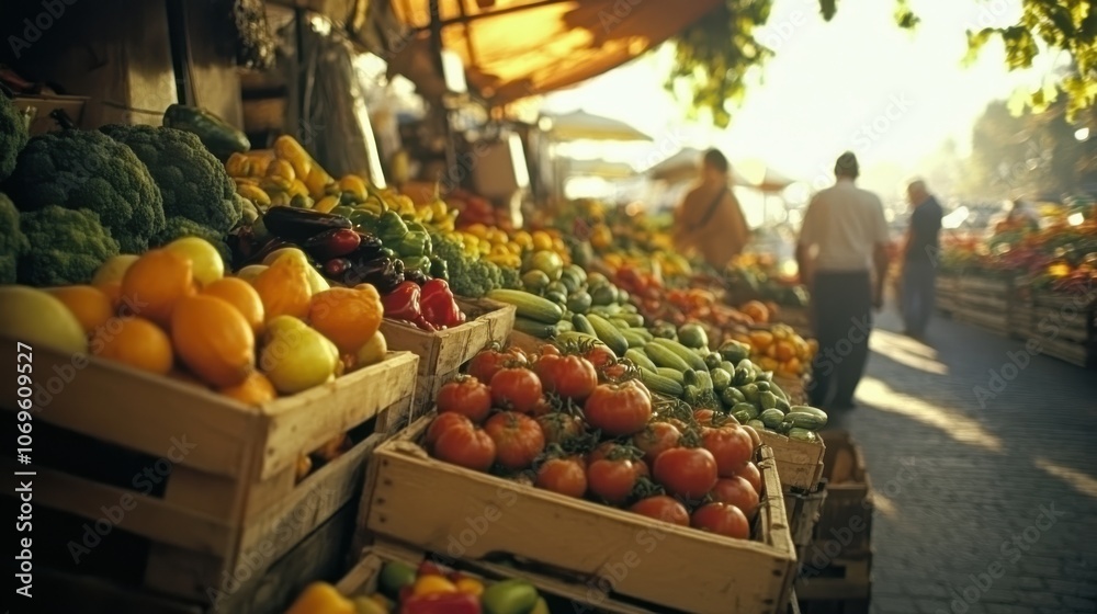 A lively market stalls display an array of colorful fruits and vegetables under warm sunlight. Shoppers browse the fresh produce, enjoying the abundant harvest. A lively market stalls display an array of colorful fruits and vegetables under warm sunlight. Shoppers browse the fresh produce, enjoying the abundant harvest.