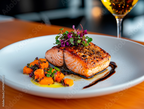 A beautifully plated dish of perfectly seared salmon, topped with fresh microgreens, accompanied by roasted butternut squash cubes with herbs and a drizzle of balsamic reduction.