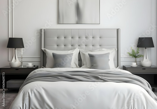 A modern bedroom featuring a gray tufted headboard, soft bedding, and stylish lamps.