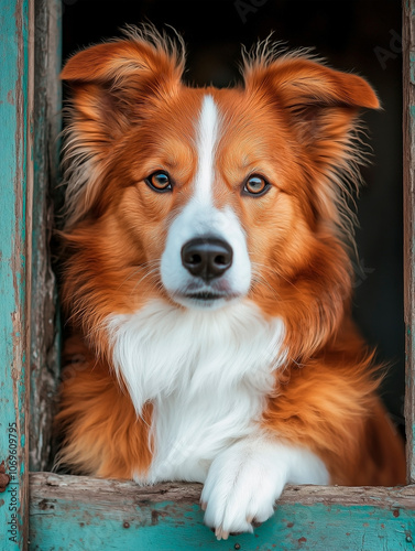 A striking Border Collie with a rich red and white coat gazes directly into the camera, resting one paw on a rustic, weathered window frame. 