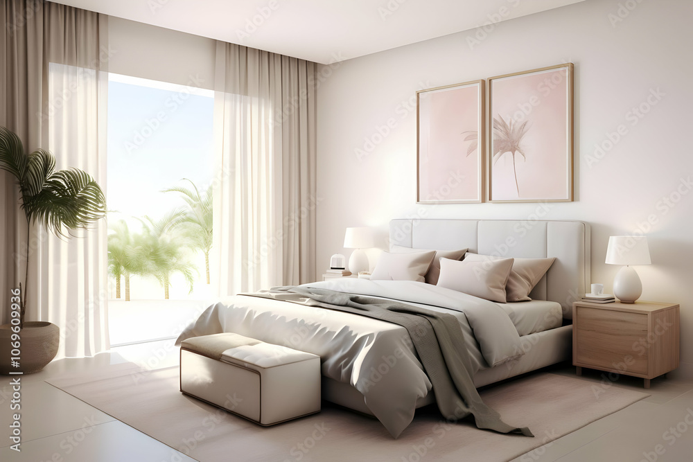 Modern bedroom with light decor, large windows, and minimalistic furniture. Modern bedroom with light decor, large windows, and minimalistic furniture.