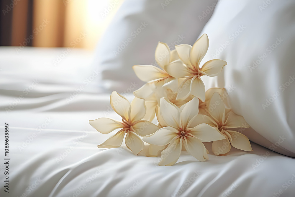 A serene arrangement of white flowers on a soft bedspread, evoking relaxation and beauty. A serene arrangement of white flowers on a soft bedspread, evoking relaxation and beauty.