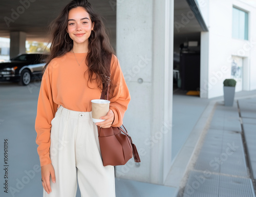 A stylish young woman with a relaxed, confident smile holds a coffee cup as she strolls through an urban setting.