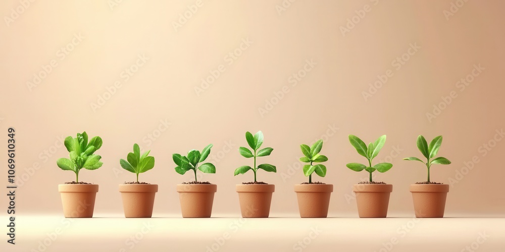 Obraz premium Array of leafy sprouts in small pots, organic gardening concept in minimalist style 