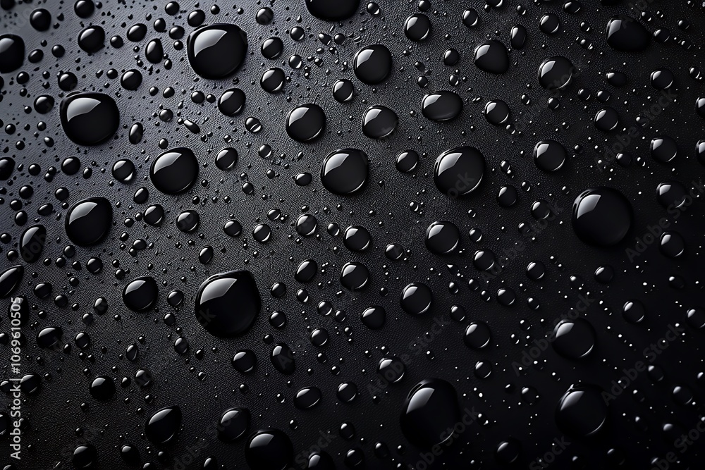 Water drops on a black metal surface. Abstract background for design.