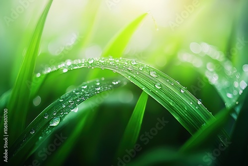 Close-up of dew drops on green grass blades with sunlight shining through.