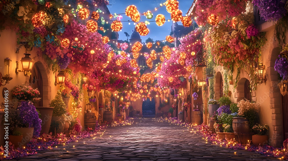 Fototapeta premium A cobblestone street lined with colorful flowers and glowing lanterns at dusk.