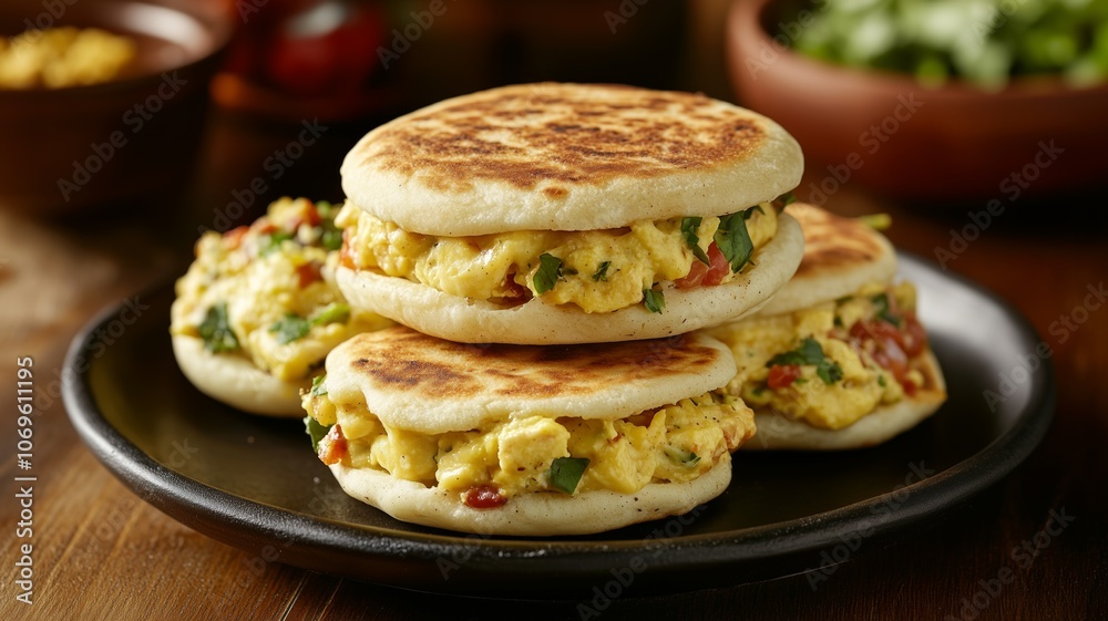 Colombian food arepas, prepared on a plate on a wooden table with some sauces around it Colombian food arepas, prepared on a plate on a wooden table with some sauces around it