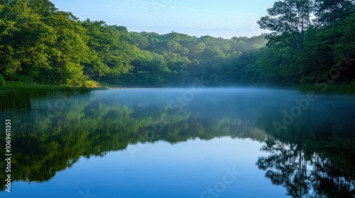 A serene dawn breaks over a peaceful lake, surrounded by lush greenery, with gentle mist rising from the glassy surface, reflecting the vibrant colors of the landscape.