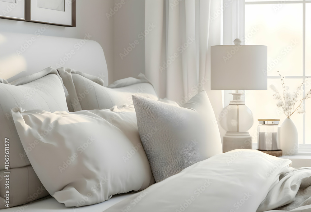A cozy bedroom scene featuring soft pillows and a bedside lamp by a window. A cozy bedroom scene featuring soft pillows and a bedside lamp by a window.