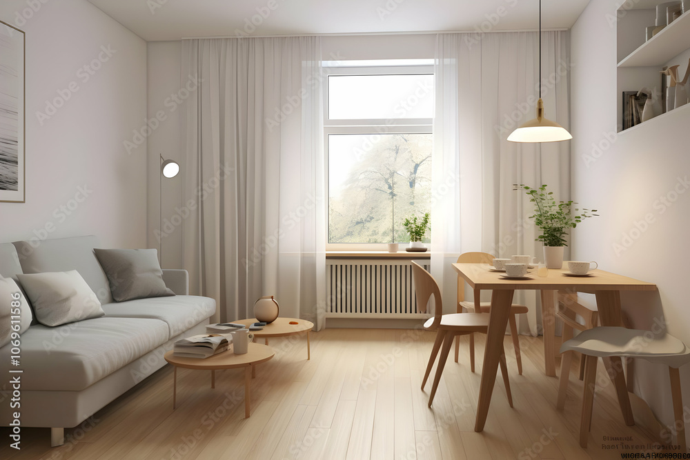 A cozy, modern living space with a dining area and natural light. A cozy, modern living space with a dining area and natural light.
