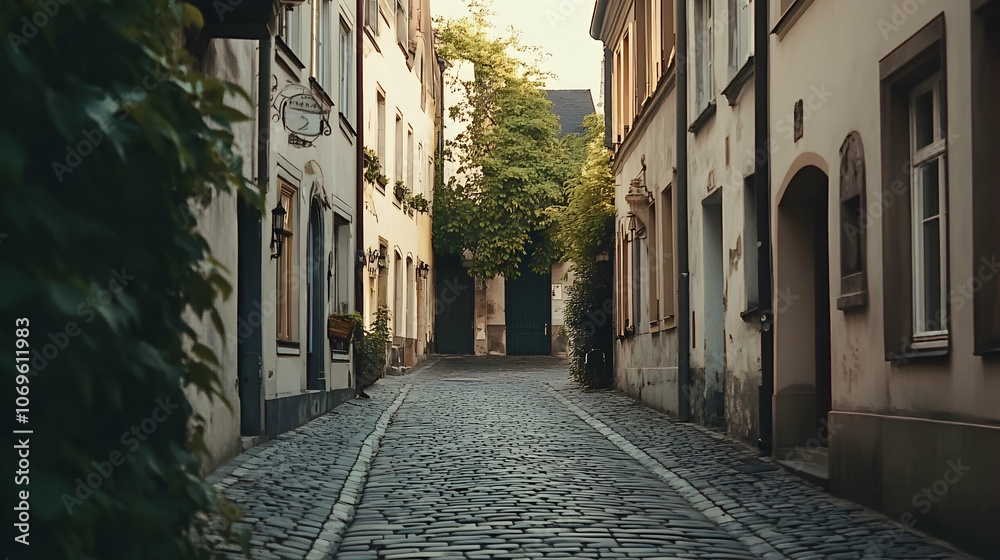 Fototapeta premium A cobblestone street lined with old buildings in a European city.