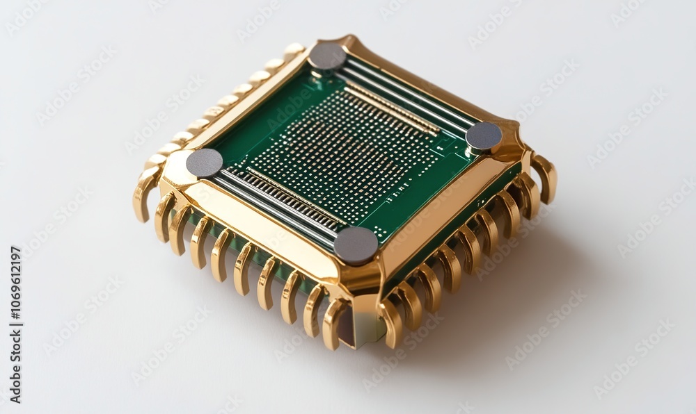 A gold-plated microchip with a green circuit board, isolated on a white background. A gold-plated microchip with a green circuit board, isolated on a white background.