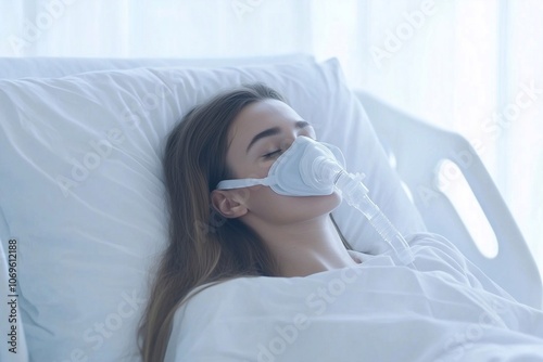 a female patient sleeping in a hospital bed with oxygen mask in white room. Young woman recovering after sickness or getting obstructive sleep apnea therapy in hospital ward.
