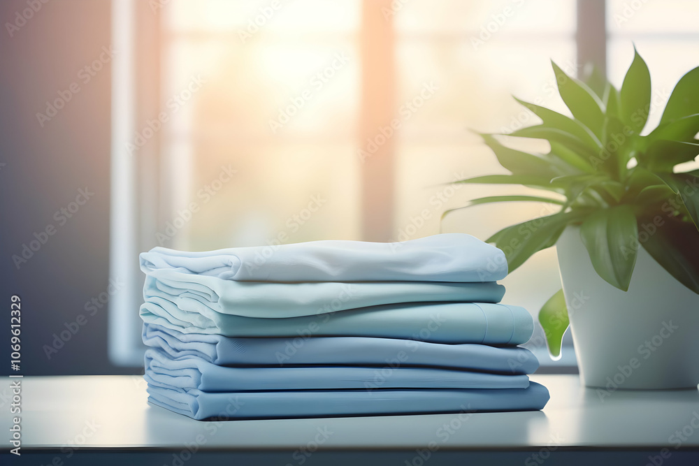 A stack of neatly folded light blue linens beside a potted plant in a sunlit room. A stack of neatly folded light blue linens beside a potted plant in a sunlit room.