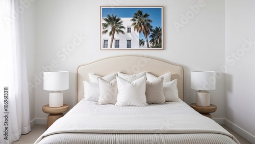 modern, minimalist bedroom with a soft, neutral color palette. The room features a neatly made bed with a curved, upholstered headboard in a light cream color. 