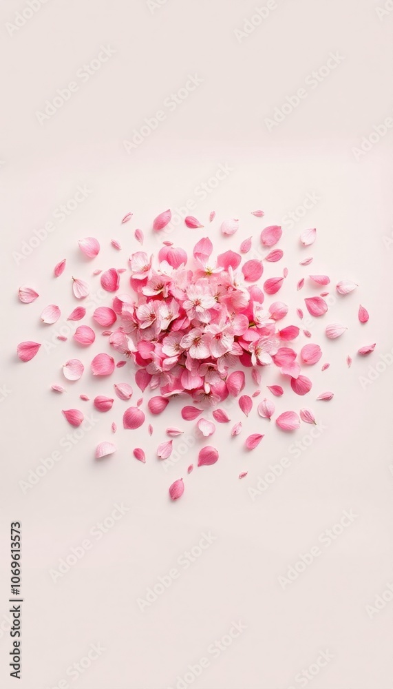 Fototapeta premium collection of pink cherry blossom petals dispersing outward from a central point, creating a dynamic and visually captivating effect against a soft, neutral background