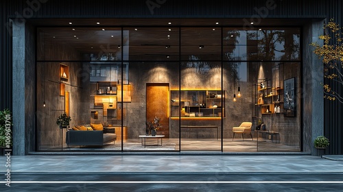 An empty shop window showcases a glass display case, ready for advertising or retail merchandise mockups.