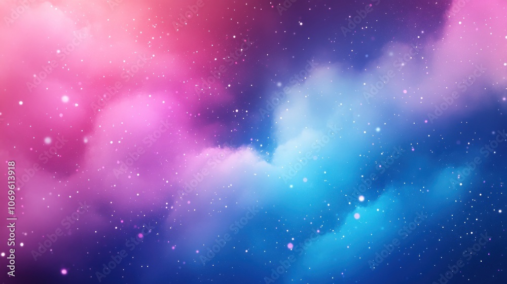 Naklejka premium A colorful cloud with blue, pink, and purple hues. There are many small white snowflakes scattered throughout the cloud