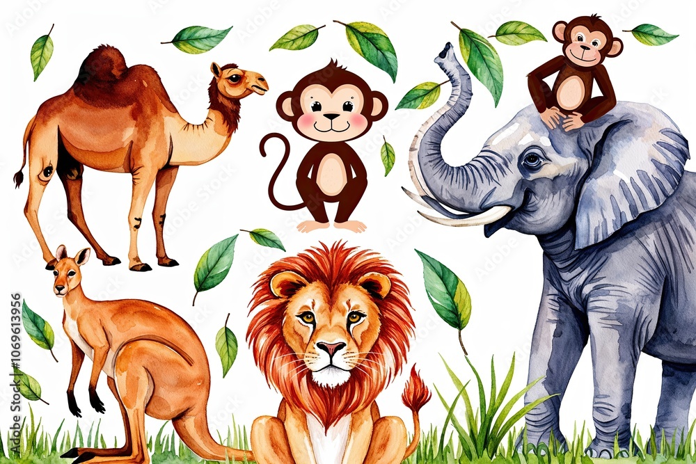 Naklejka premium Adorable Wildlife Watercolor Collection Featuring Hand-Painted Animals like Camel Kangaroo Lion Monkey and Elephant