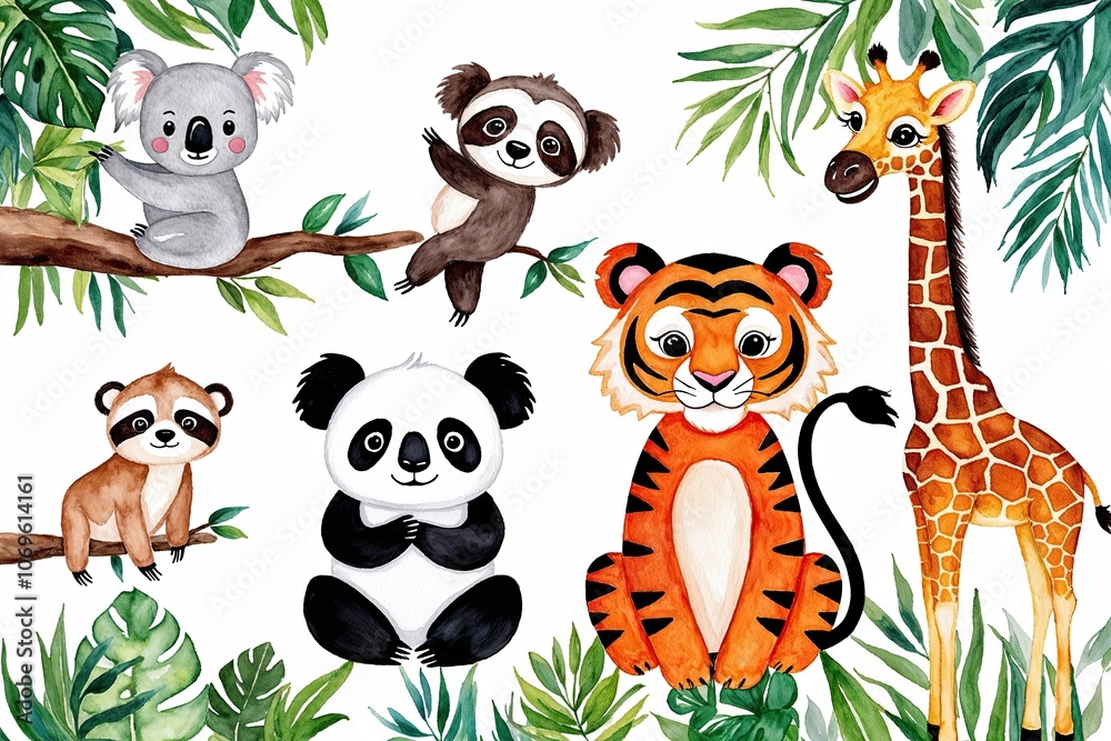 Fototapeta premium Charming Watercolor Jungle Animals with Koala Panda Sloth Tiger and Giraffe